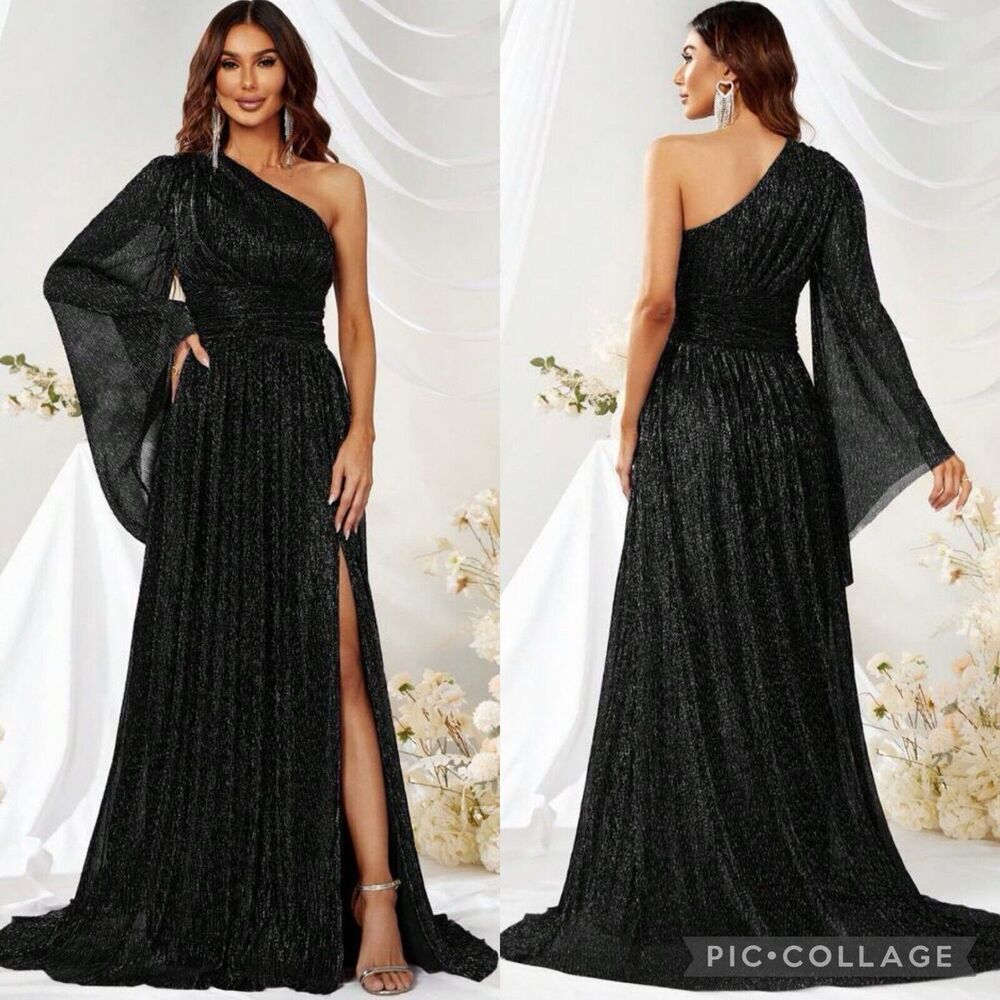 NEW Giffniseti One Shoulder Split Thigh Formal Black Pleat Dress Maxi Size XL 16